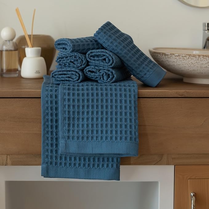 Waffle Washcloths Set of 8 Indigo Blue - Premium Quality 100% Turkish Cotton Face Washcloth, Soft Makeup Towel, Shower Cloth, Kitchen Towel (Indigo, Set of 8 Washcloths)