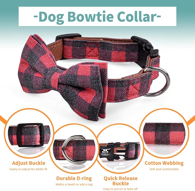 IVY&LANE Dog Collar with Bowtie and Leash Set | Plaid Adjustable Dog Collar | Detachable Bow Tie |5 FT Dog Leash | for Small Medium Large Dogs | Checkered Red | Large