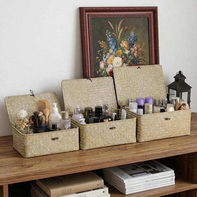 Nonam Small Basket with Lid, Natural Seagrass Bin with Lid, Shelf Baskets Multipurpose Container for Boho Decoration, Rectangular Household Storage Boxes for Home Organization-White