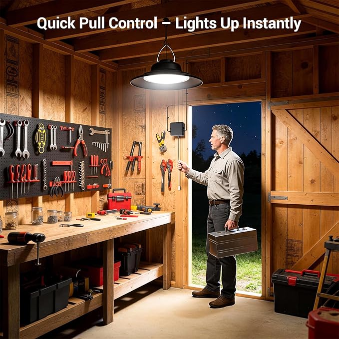 ropelux Solar Powered Shed Light Indoor Outdoor, 2000LM Daytime Available Pendant Light with Pull String, 2 Lighting Modes Solar Lights, IP65 Waterproof for Barn, Gazebo, Shop, Garage, Home (1Pack)
