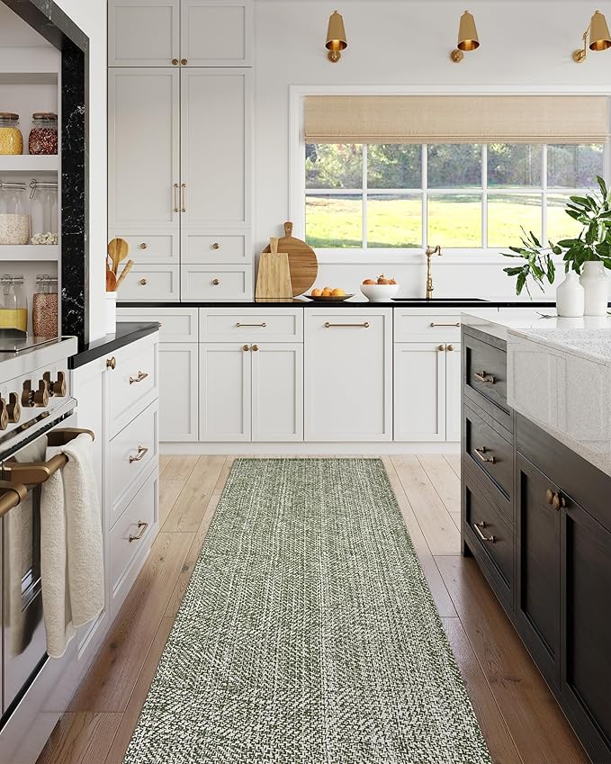 LEEVAN Hallway Runner Rug 2.6x10 ft, Cotton Woven Washable Runner Rug, Green Braided Low Pile Kitchen Runners Rugs, Modern Bathroom Rugs Long Front Door Floor Carpet for Classroom/Bedroom/Doorway
