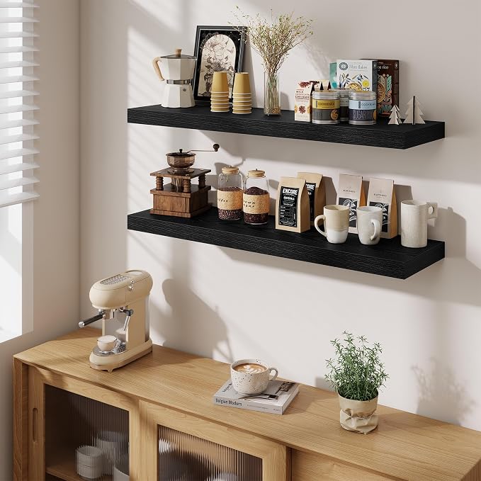 Fun Memories Floating Shelves Set of 3, 40 Inch Long Wooden Wall Shelves, 10 Inch Deep Wall Mounted Storage Shelf with Metal Brackets for Living Room, Bathroom, Bedroom and Kitchen, Black