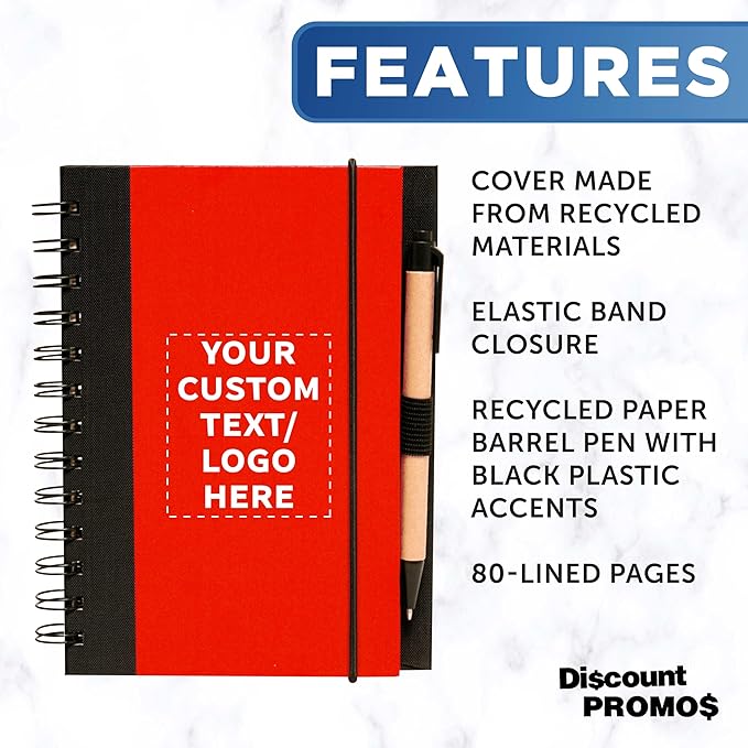 DISCOUNT PROMOS Custom Eco Block Notebooks with Pens Set of 10/50/100, Personalized Bulk Pack - Perfect for School, Office, Business, Home - Red