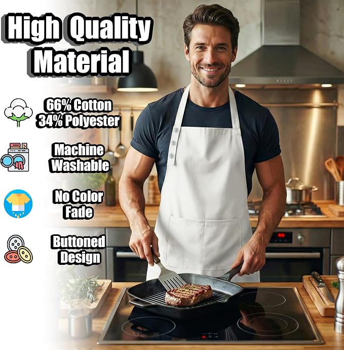 TOSHE Kitchen Apron Waterdrop Resistant Cotton Apron with adjustable Aprons for Women with Pockets 10 Color option Cooking White Apron(White)
