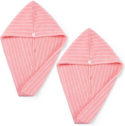 Jacquotha Cotton Hair Towels for Women (Pink Striped), 2 Pack | Pink Hair Towels Wrap for Long Curly Hair, Shower Bathroom Spa Travel Pool, Quick Dry Soft Absorbent, 25" x 9.5"