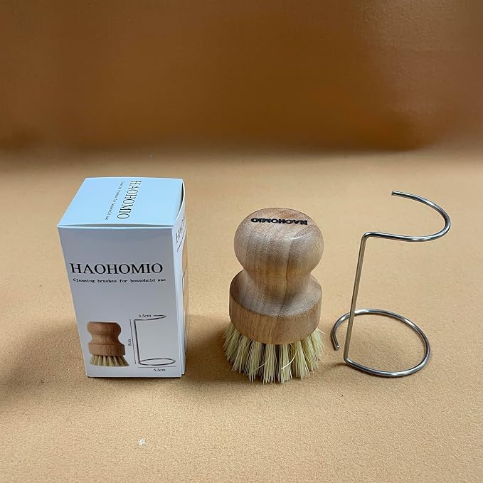 Natural Wooden Dish Brush Set with Drying Stand - Eco-Friendly Palm & Sisal Scrubber for Pots, Pans, Dishes, Kitchen Sink, Vegetables - Short Handle Pot Brush Cleaning Kit