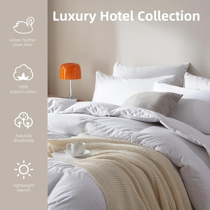 Feather Down Comforter Queen Size,Hotel Style Bedding Comforter,750+ Fill Power,1200TC,100% Organic Cotton Fabric,All Season White Duvet Insert with 8 Corner Tabs