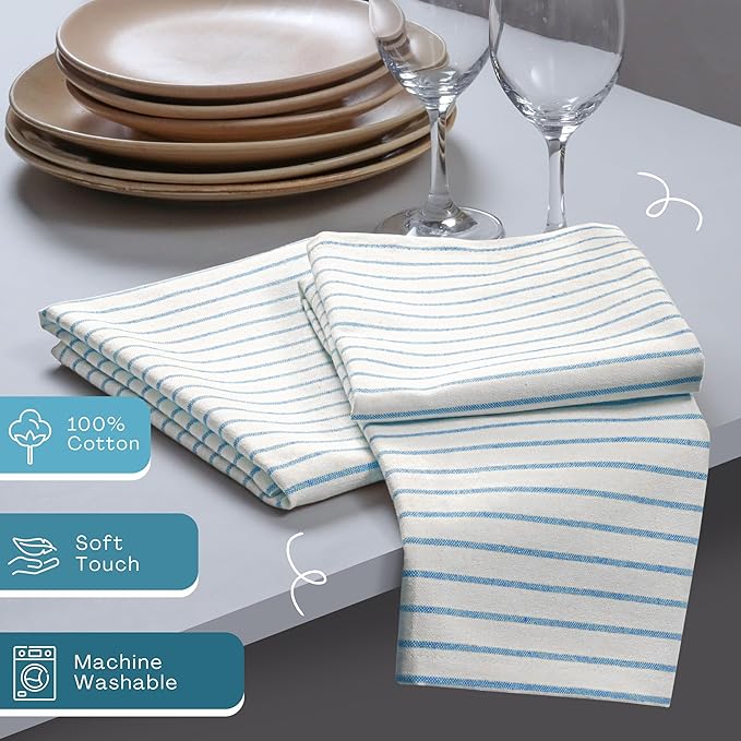 Turquoise Stripe Cloth Napkins (Set of 12), 18x18 Inch, 100% Cotton, Washable & Durable Fabric, Classic Striped Table Linen Napkin for Summer Dining, Beach Decor, BBQs, Everyday Use