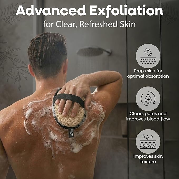 L'Exfose Mens Loofah – Natural Egyptian Fiber Loofah for Men, Exfoliating Mens Scrubber for Shower – Men's Exfoliator Pad Duo – Quick Dry Black Set with Sisal Soap Saver Bag
