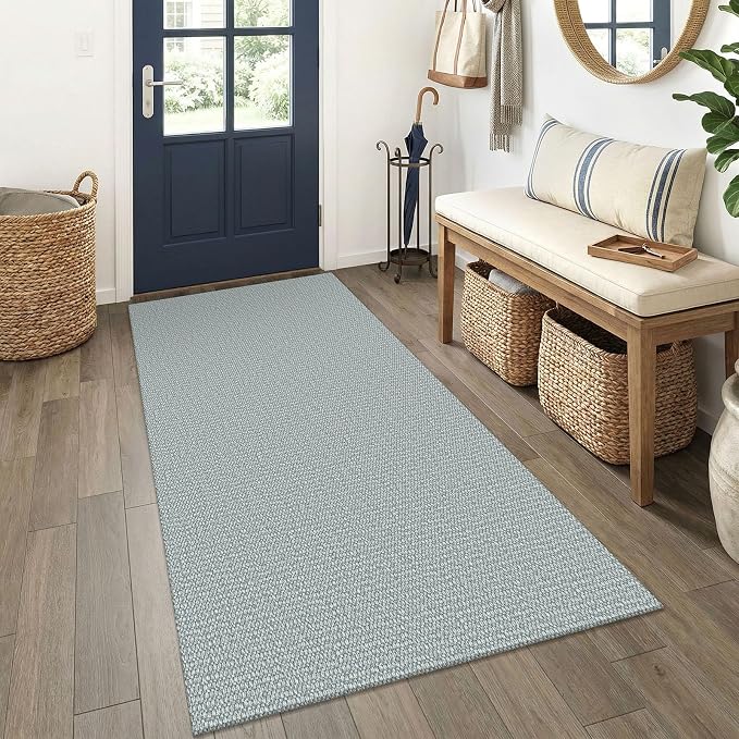 EARTHALL Washable Runner Rug 3x6 Ft Non Slip Runners for Hallways Wide Cotton Rubber Backed Kitchen Runner Braided Indoor Floor Carpet Runners for Entryway, Hallway, Kitchen, Bedroom, Turquoise/Gray