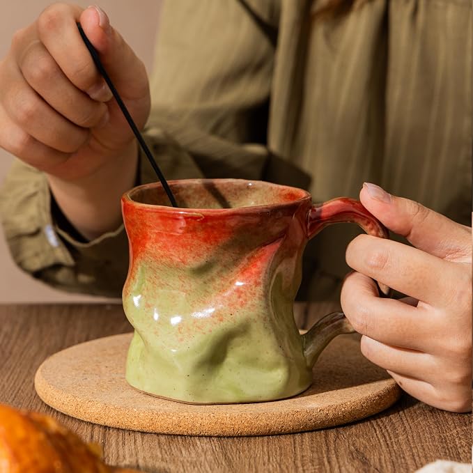 Handmade Ceramic Coffee Mugs, Mugs with Spoon, 11oz, Handmade Pottery Mug with Handle, Hand-painting, Unique Uneven Surface Tea cups, Dishwasher and Microwave Safe (green)