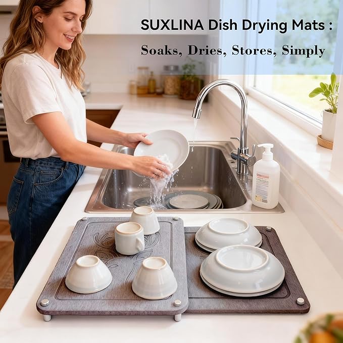 Nested Dish Drying Stone Mat | 2 Pcs Diatomaceous Earth Stone Drying Mats for Kitchen Counter with Non-Slip Feet | Collapsible Large Drying Stone for Dishes - Dark Gray