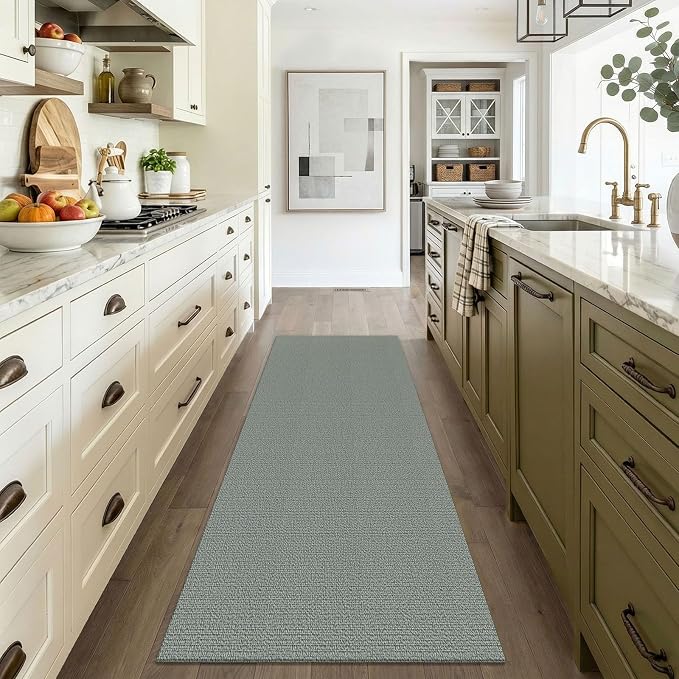 EARTHALL Washable Runner Rug 3x6 Ft Non Slip Runners for Hallways Wide Cotton Rubber Backed Kitchen Runner Braided Indoor Floor Carpet Runners for Entryway, Hallway, Kitchen, Bedroom, Green/Grey