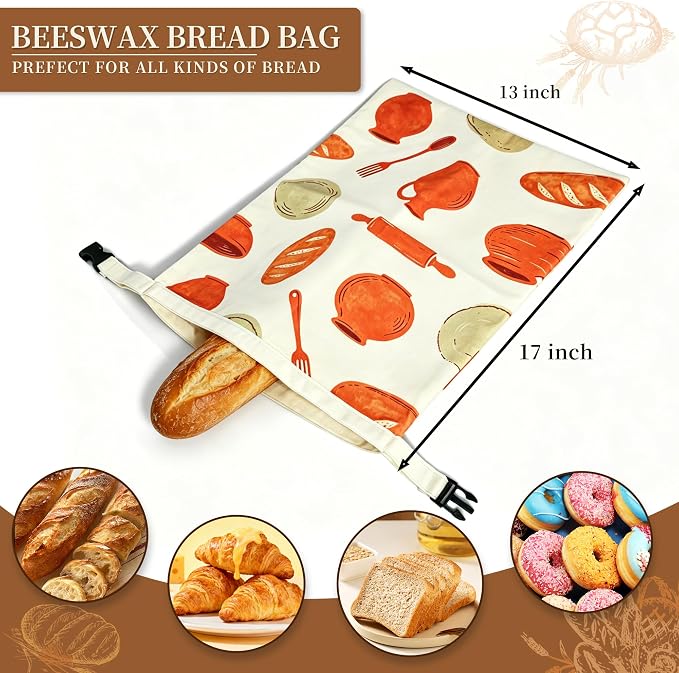 Reusable Cotton Beeswax Bread Bags 2 Pack – Extra Large 13"x17" Zipper & Roll-Buckle Double Seal for Homemade Sourdough, Keep Bread Fresh Longer, Zero Waste Bread Storage for Loaf Baguette (ClayMark)