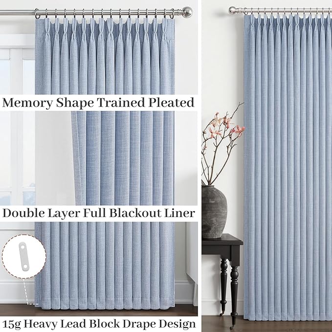 Light Blue Pinch Pleated Two Layer Thick Linen Curtains 90 Inches Long for Dining Room, Memory Trained Blackout Sky-Blue Noise Cancelling Energy Efficient Modern Windows Drapes with Hooks 2 Panels Set