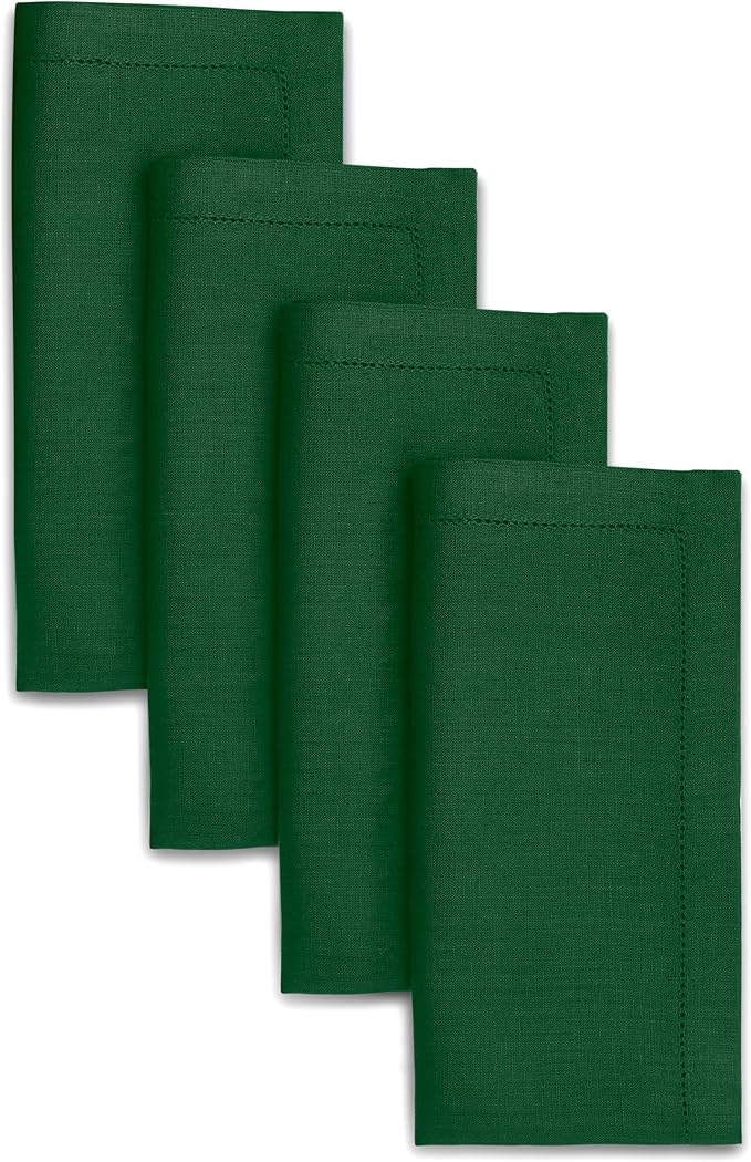 Signature Linen™ by D'Moksha Eden Green Dinner Napkins Set of 4, 20 x 20 Inch Cloth Napkins, 100% Pure Linen, Hemstitch, Machine Washable Table Napkins- Summer, Father's Day