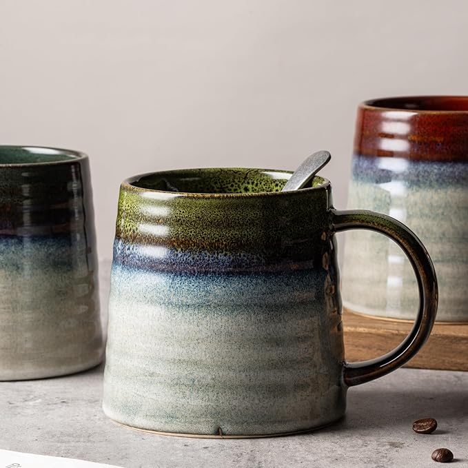 15.5 Oz Large Reactive Glaze Ceramic Mug, Heavy Weighted Stoneware Coffee Cup, Wide Base, Thick Wall Big Tea Cup with Custom Package Box, Microwave & Dishwasher Safe (Light Green)