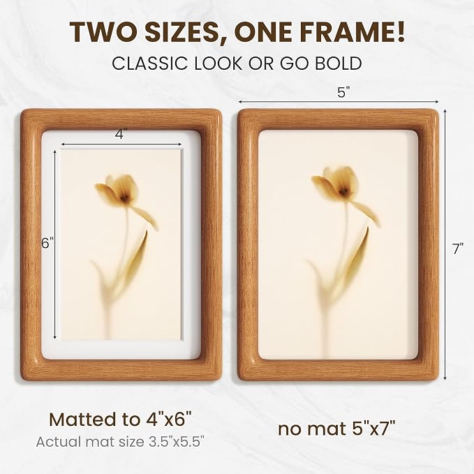 5x7 Picture Frame, USA-Sourced Teak Wood Photo Frames with HD Tempered Glass, Display Photo 4x6 with Mat or 5x7 Without Mat, 5 x 7 Frame for Tabletop or Wall Display, Teak Color, 1 Pack