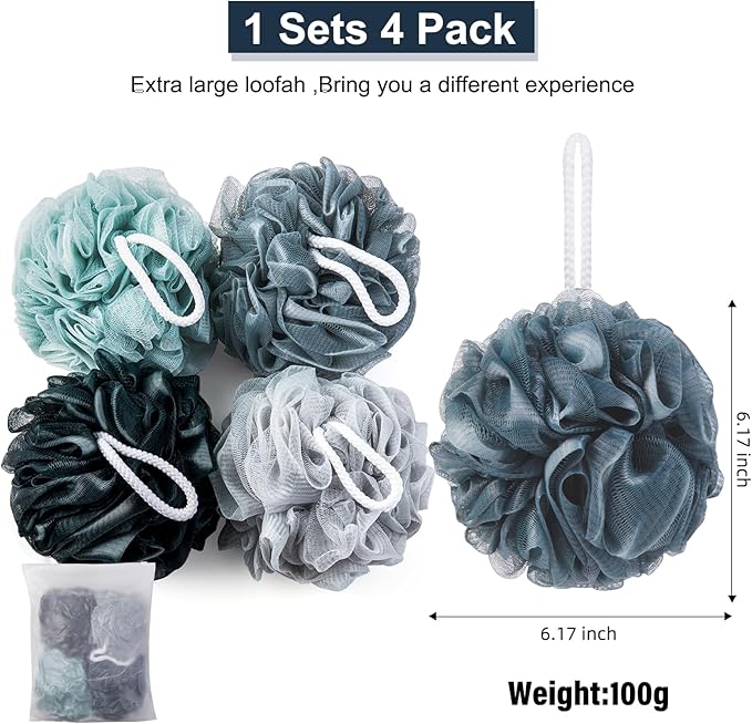 MTDLYICE Loofah Sponge XXL-100g 4 Pack, Bath Sponge Soft Mesh Shower Puff Loofah for Men, Exfoliating Body Scrubber for Women, Shower Accessories (Blue Gray)