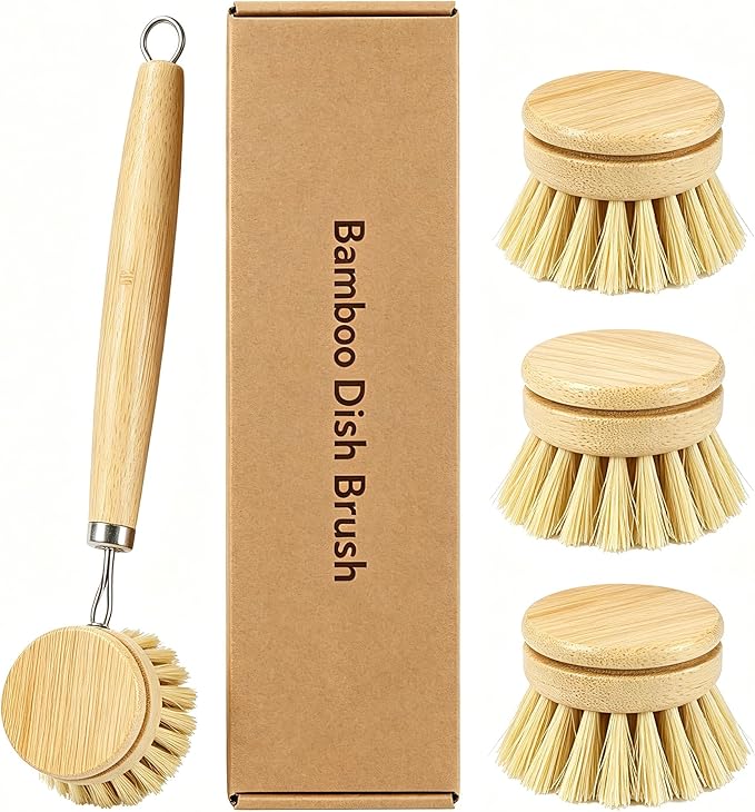 Bamboo Dish Brush with 3 Replacement Heads, Plastic-Free Kitchen Scrub Brush with Long Handle, Natural Sisal Bristle Bamboo Brush for Pans, Dishes, Pot,Veggie and Fruit