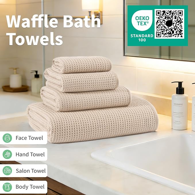 MICROFI Waffle Weave Bath Towel Set, Microfiber, 4 Pieces (Body/Hair/Hand/Face), Quick Dry, Lightweight, Super Absorbent, Lint Free, 380 GSM (Champagne)