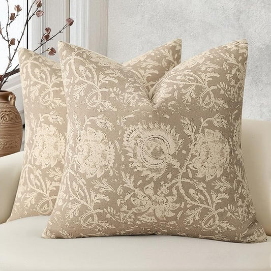 Vintage Floral Print Throw Pillow Covers 20x20 Set of 2 Neutral Modern Farmhouse Pillowcases Accent Decorative Cushion Covers Boho Home Decor for Couch Sofa Chair Bed Living Room, Latte