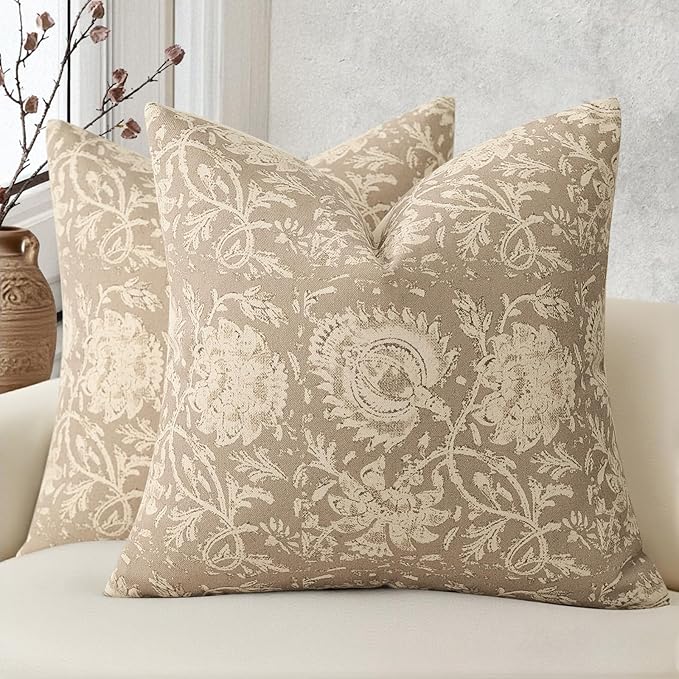 Vintage Floral Print Throw Pillow Covers 26x26 Set of 2 Neutral Modern Farmhouse Pillowcases Accent Decorative Cushion Covers Boho Home Decor for Couch Sofa Chair Bed Living Room, Latte