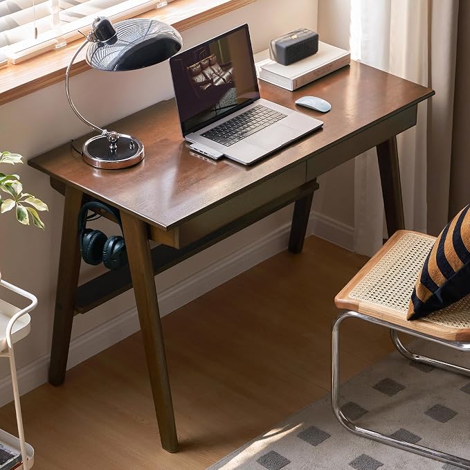 YESWOOD 100% Solid Rubber Wood Desk, Mid Century Modern Writing Computer Desk in Walnut Finish with Drawer for Home Office, Sturdy Room, Bedroom 47.24" W