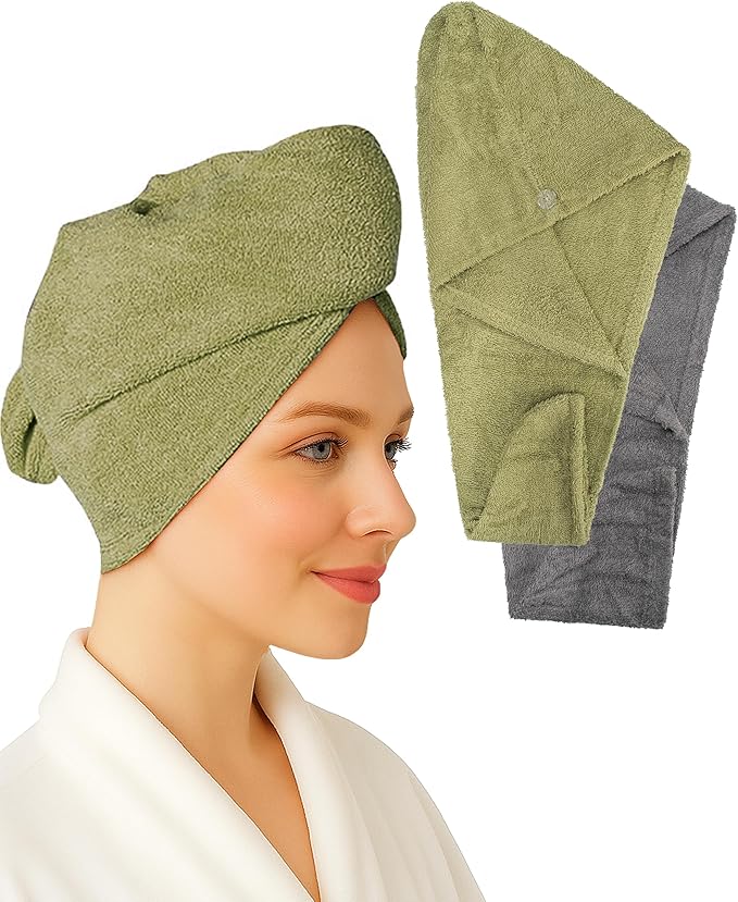 Textila 100% Cotton Hair Wrap Towels for Women (Pack of 2, Grey & Green) – Soft & Absorbent Turban Towels for Long, Curly, Frizz-Prone Hair
