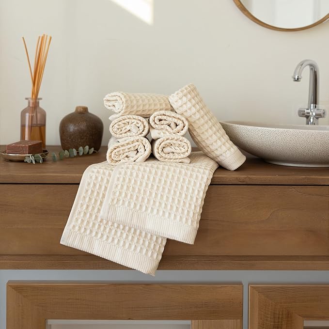 Waffle Washcloths Set of 8 Natural Undyed - Premium Quality 100% Turkish Cotton Face Washcloth, Soft Makeup Towel, Shower Cloth, Kitchen Towel (Natural, Set of 8 Washcloths)