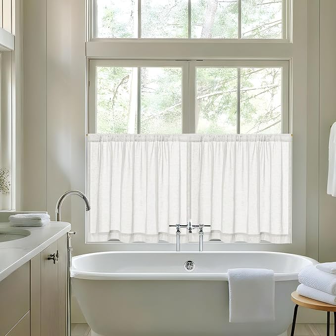 Off White Semi Sheer Linen Kitchen Curtains 24 Inch Length 2 Panels | Ivory, Cafe Short Drapes, for Bathroom RV, Half Window Treatments, Aesthetic Farmhouse, Light Filtering, 50x24 Inches