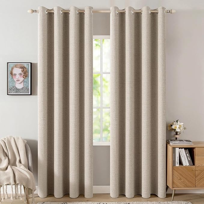 MIULEE 100% Blackout Linen Textured Curtains for Bedroom Solid Thermal Insulated Taupe Grommet Room Darkening Curtains & Drapes Luxury Decor for Living Room 52 x 108 Inch (2 Panels)