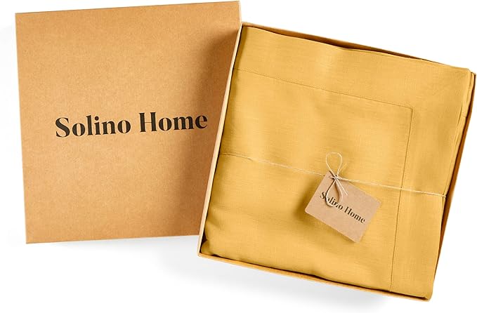 Solino Home Linen Tablecloth 60 x 120 Inch - 100% Pure Linen Mustard Yellow Table Cloth for Rectangle Tables - Fete, Machine Washable Tablecloth for Summer