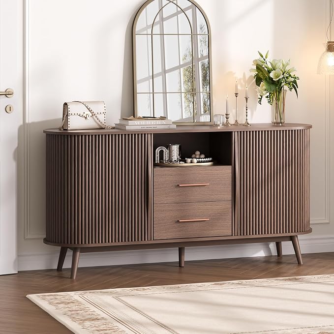 JOINICE Walnut Sideboard Buffet Cabinet with Storage for Dining Room，63" | Mid-Century Modern Storage Cabinet,2 Drawers&Fluted Sliding Doors,Solid Wood Legs,adjustable shelf,supports up to 100 lbs