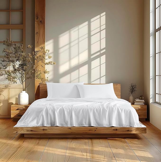 Linen Closet 4Pc 100% Organic Cotton Queen Sheet Set, White, 300 Thread Count, Naturally Derived EarthColors, Deep Pocket Fitted Sheet (Up To 18"), Smooth & Soft Bed Sheets Set, Juego De Sábanas Queen