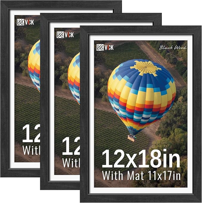 VCK 12x18 Picture Frames Black 3 Pack, Wide Border Solid Wood, Tempered Glass, Display 11x17 Photo with Mat or 12 x 18 without, for Home, Office, Gallery, Woodgrain Series, Wall Hanging