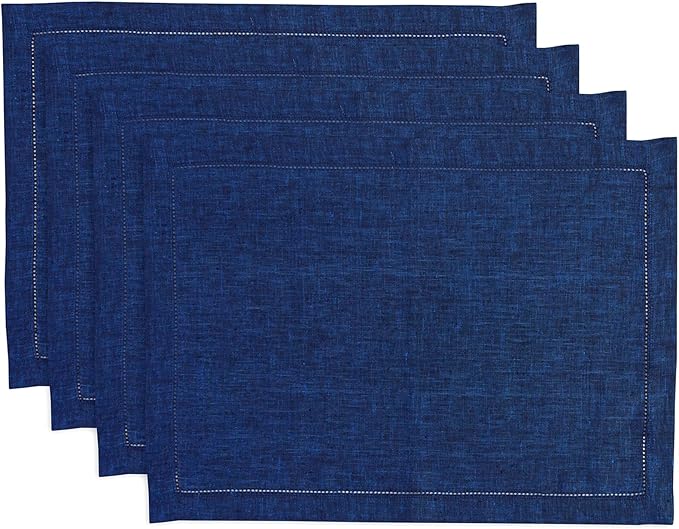 Solino Home Linen Cloth Placemats Set of 4-100% Pure Linen Hemstitch Royal Blue Placemats 14 x 19 Inch - Milan Hemstitch Table Place Mats for 4th of July, Summer