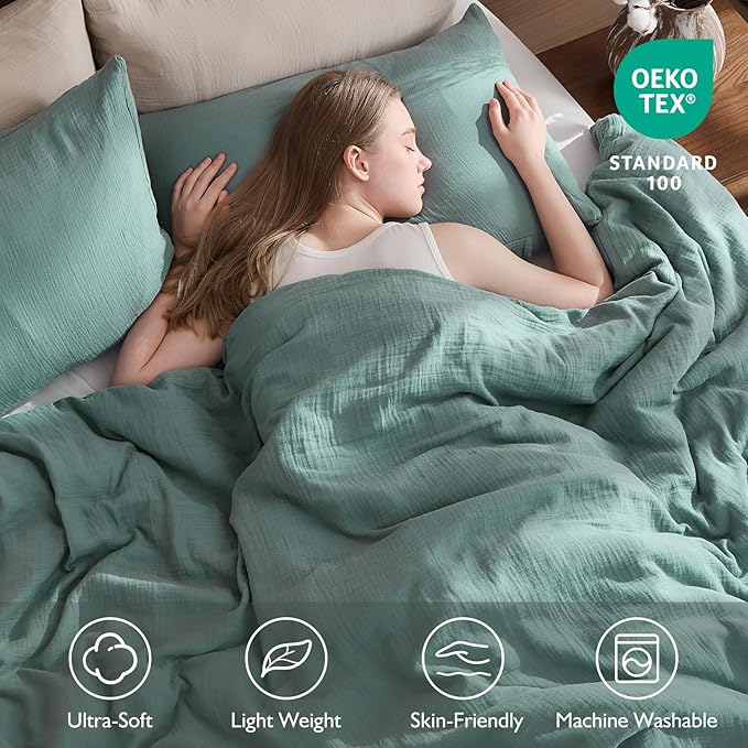 EMME Muslin Cotton Duvet Cover Set Teal Queen Size Linen Like Soft Breathable Lightweight Summer Comforter Cover Set with Zipper Closure (Teal, Queen, 90"x90")