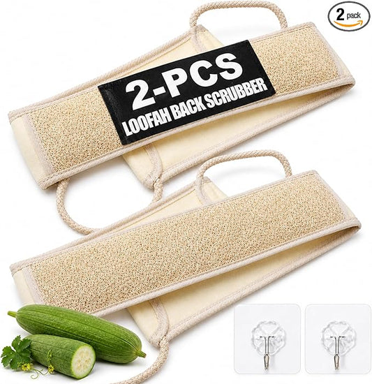 2 Pack Egyptian Loofah Back Scrubber for Shower, Loofah with Handle for Men and Women, Natural Loofah Sponge Exfoliating Body Back Scrubber