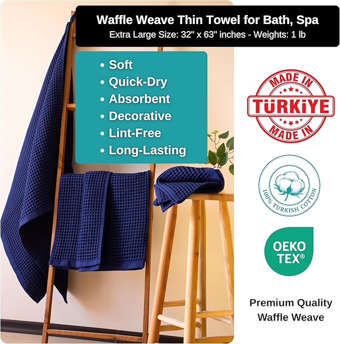 PÜSKÜL Pack of 2 Waffle Bath & Spa Towels - Premium 100% Turkish Organic Cotton - Quick Dry Thin Bath Towel for Bathroom - Made in Turkey (Navy Blue, 32x63 inch)