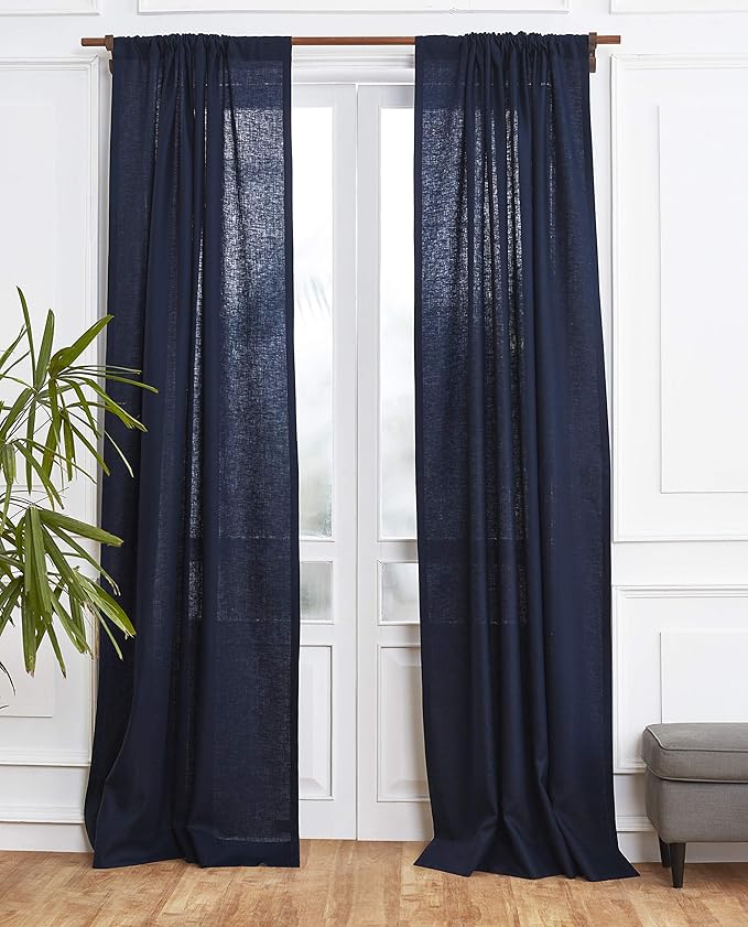 Solino Home Navy Blue Linen Curtain 120 Inches Long, Light Filtering Rod Pocket Curtain 52 x 120 Inch, 100% Pure Linen European Flax Window Treatment for Living Room, Bedroom - 1 Panel