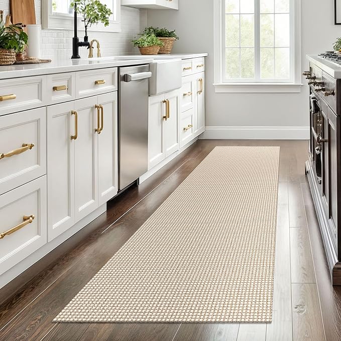 EARTHALL Woven Runner Rug 2.6x8 Ft Washable Runners for Hallways Wide Non Slip Rubber Backed Kitchen Runner Braided Indoor Floor Carpet for Entryway Hallway Kitchen Bedroom, Beige/Ivory