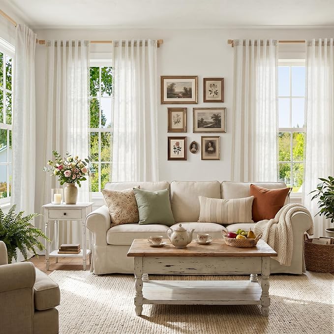 jinchan Linen Curtains for Living Room Bedroom Light Filtering Semi Sheer Curtains Boho Farmhouse French Country Cottage Core Decor Window Drapes Back Tab 108 Inch Length Laced Beige