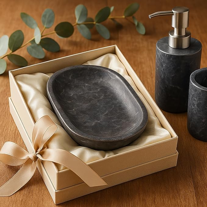 Luxury Hand Carved Natural Charcoal Marble Soap Dish, 3.8 x 5.8 x 0.9 H Inch