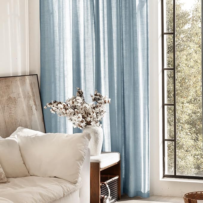 Dusty Blue Linen Curtains for Living Room Back Tab Light Filtering Semi Sheer Bedroom Curtain Linen Cotton Textured Grey Blue Drapery Panel Airy Modern Farmhouse Aesthetic Decor 52x102 Long