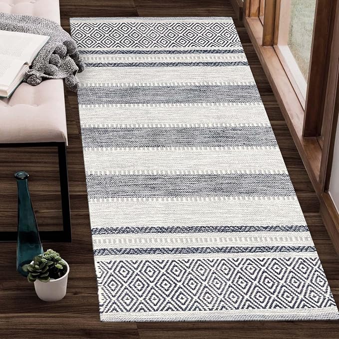 Chardin home Farmhouse Rug Runner 2x6 feet Grey & Navy | Recycled Cotton Hand Woven Rug, Long Boho Rug | Perfect for Hallways, Kitchens, Bathroom, bedrooms, Meditation Yoga Mat