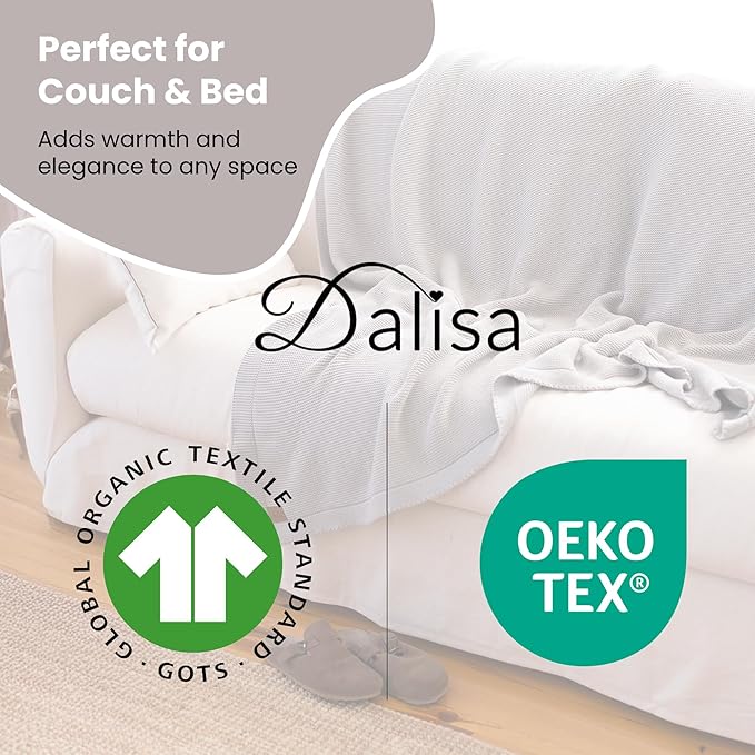 Dalisa 100% Organic Turkish Cotton Throw Blanket Harbor Mist GOTS Certified, Cozy, with Reusable Cotton Gift Bag Perfect for Couch, Bed, and Home Decor Boho Vintage Knit Alina