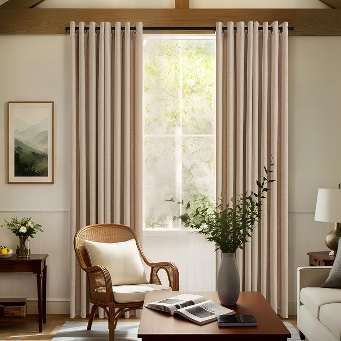 Tan Brown Curtains 90 Inches Long for Bedroom Grommet Light Filtering Dark Flax Burlap Linen Drapes Farmhouse Rustic Country Drop Cloth Semi Sheer Curtain 90 Inch 2 Panels for Living Dining Room