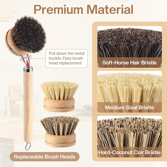 5 Pcs Bamboo Wood Dish Brush Set Includes 1 Wooden Handle with 3 Natural Replaceable Bristle Heads and 1 Handheld Bamboo Wok Brush Scrubber for Dishes Pans Pots Fruit and Veggie Washing(Style A)