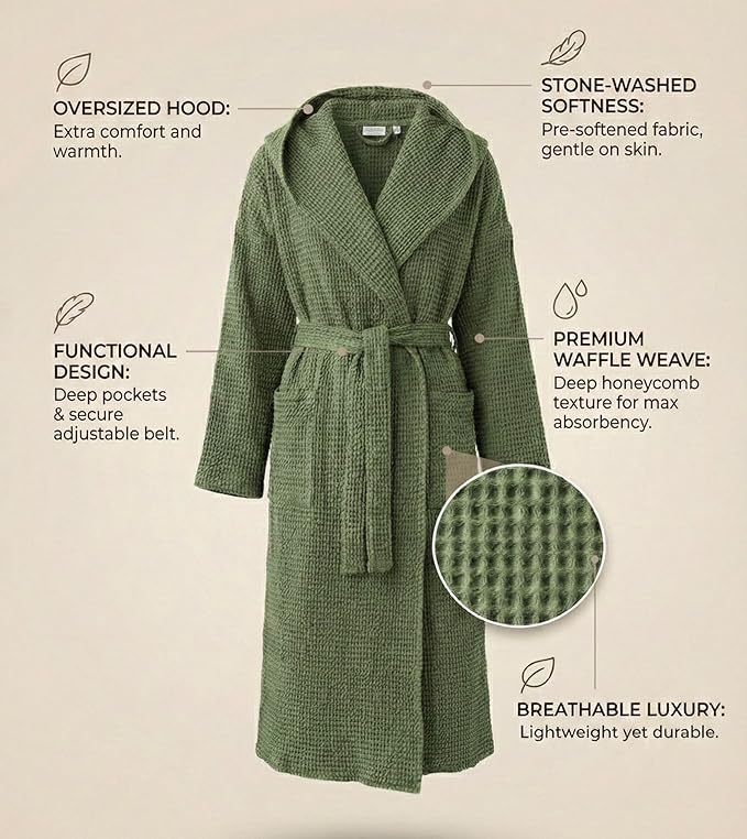 Magic Linen - Unisex Waffle Bathrobe, Hooded Linen-cotton Blend Bath Robe, Lightweight Robe for Women and Men